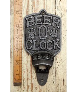BOTTLE OPENER WALL MOUNTED BEER O’CLOCK CAST ANTIQUE IRON
