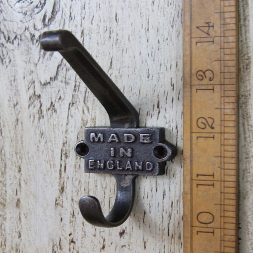 COAT HOOK DOUBLE 2 PART MADE IN ENGLAND ANT IRON 110MM