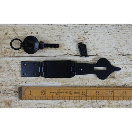 HASP & STAPLE SPEAR HEAD HINGED 3 PART ANT BLACK 180MM O/ALL