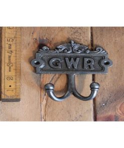 PLAQUE ROBE HOOK DOUBLE GWR CAST ANT IRON 110 X 130MM