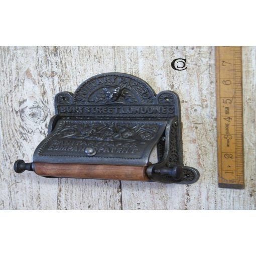 TOILET ROLL HOLDER WITH LID BURY ST LONDON CAST ANTIQUE IRON